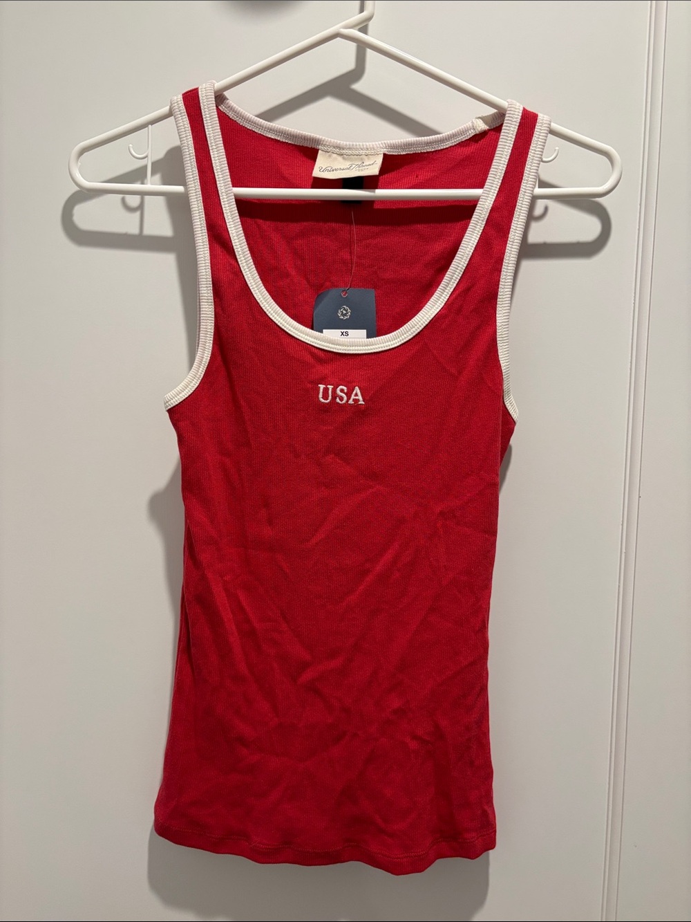 Universal Thread Red Ribbed Tank with White Trim and USA Embroidery